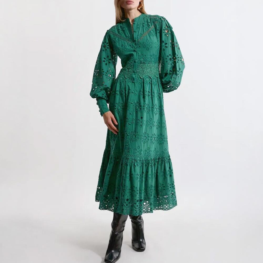 Karen Millen Green Cotton Broderie Eyelet Midi Dress Size 4